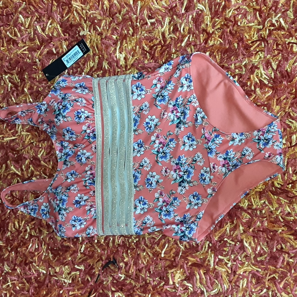 Nicole Miller Floral Coral Swimsuit with Lurex Trim - Picture 7 of 7